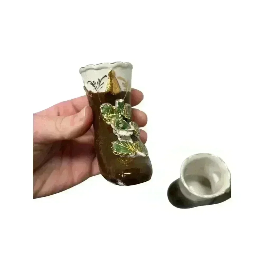 Set of Vintage Porcelain Miniature Shoe Vases Brown with Applied Flowers 3
